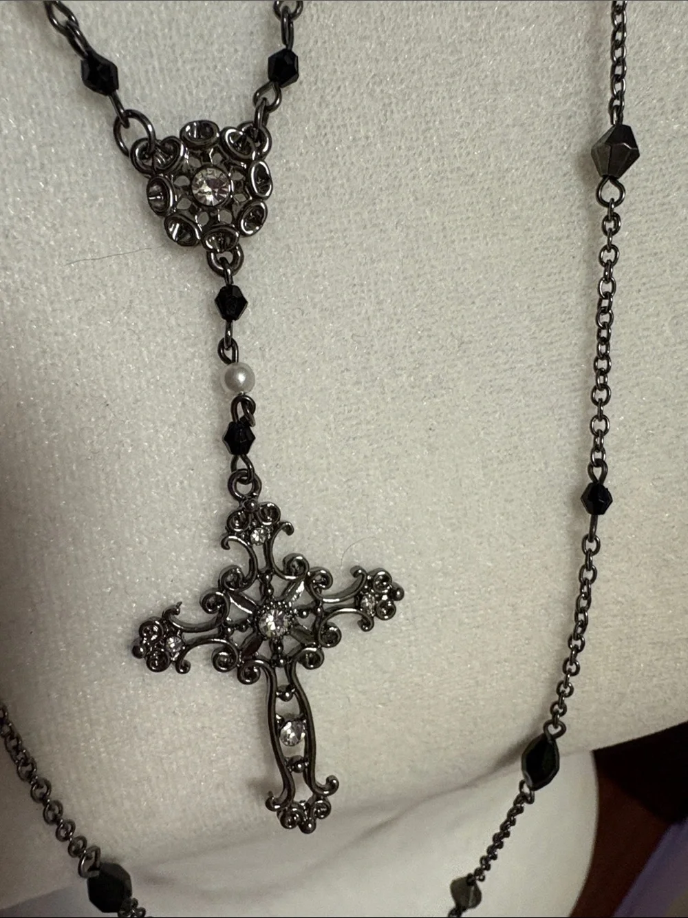 16” Black Crystal Cross Rosary Necklace - Women Jewelry